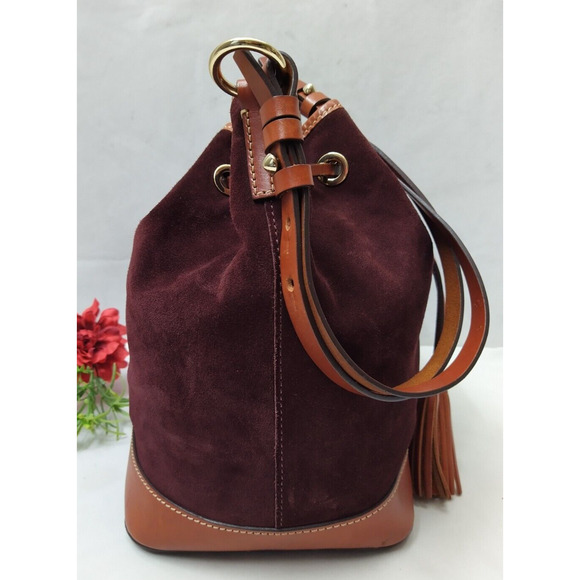 Dooney & Bourke Burgundy Suede Leather Drawstring Bucket Shoulder Bag - Picture 5 of 16